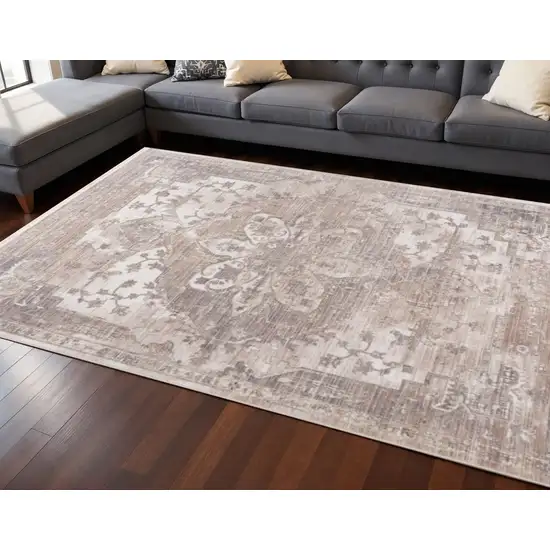 Beige and Ivory Medallion Non Skid Area Rug Photo 1