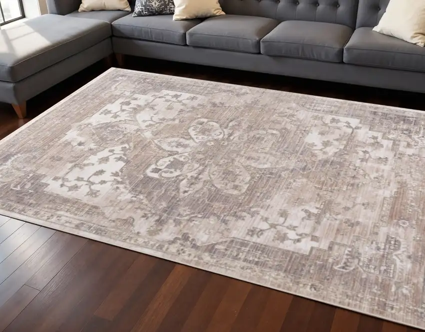 Beige and Ivory Medallion Non Skid Area Rug Photo 1