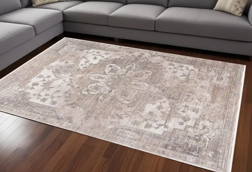 Beige and Ivory Medallion Non Skid Area Rug Photo 1
