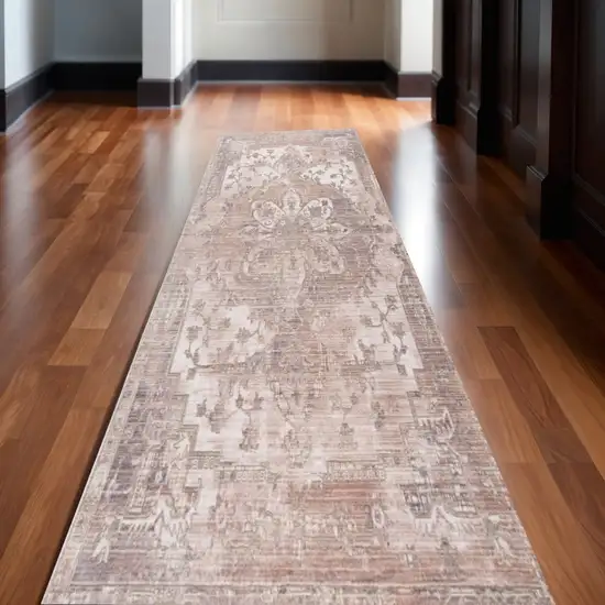 10' Beige And Ivory Medallion Runner Rug Photo 1