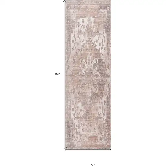 Beige and Ivory Medallion Power Loom Runner Rug Photo 6