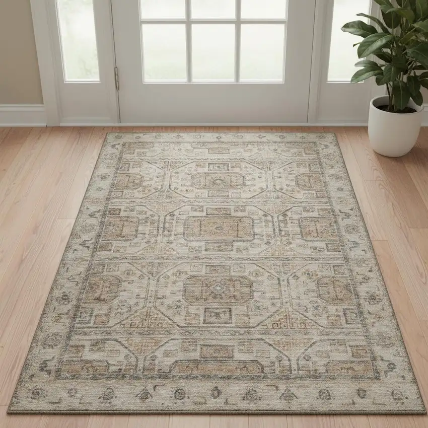 Beige Coffee And Gray Geometric Washable Area Rug With UV Protection Photo 2