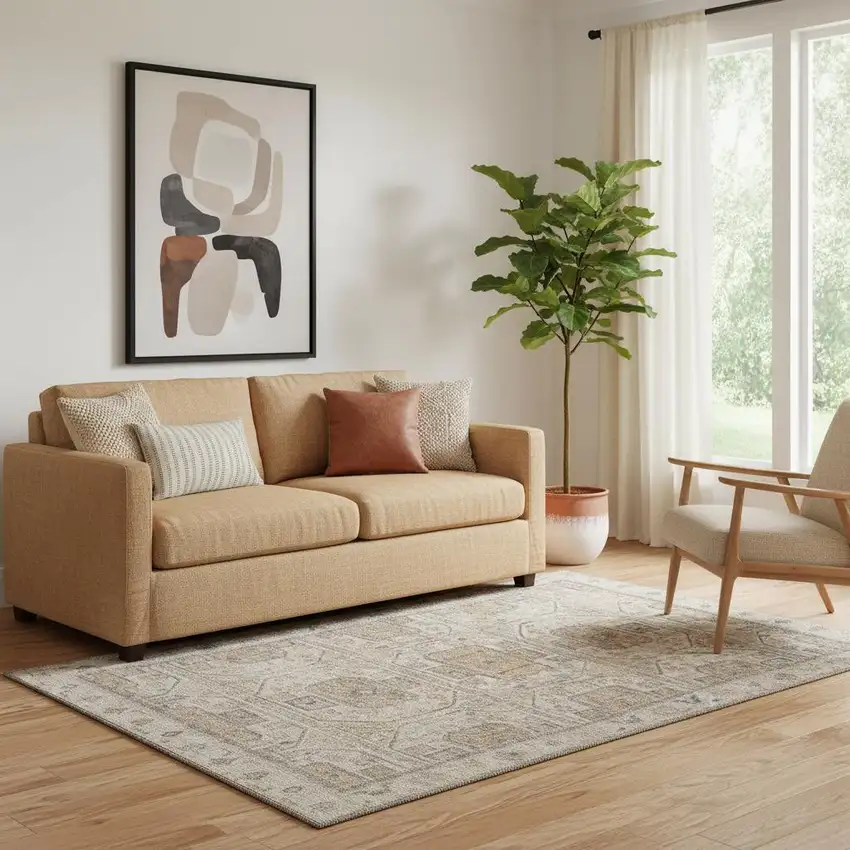 Beige Coffee And Gray Geometric Washable Area Rug With UV Protection Photo 2