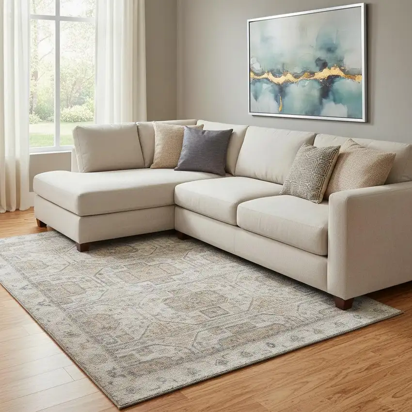 Beige Coffee And Gray Geometric Washable Area Rug With UV Protection Photo 2