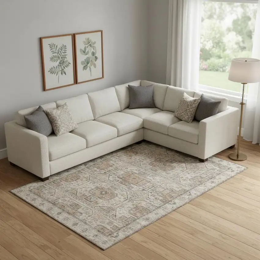 Beige Coffee And Gray Geometric Washable Area Rug With UV Protection Photo 2