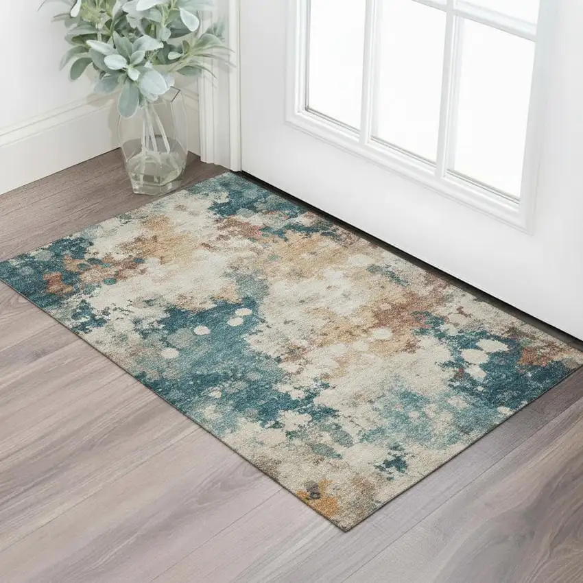 Beige Copper And Blue Abstract Washable Area Rug With UV Protection Photo 2