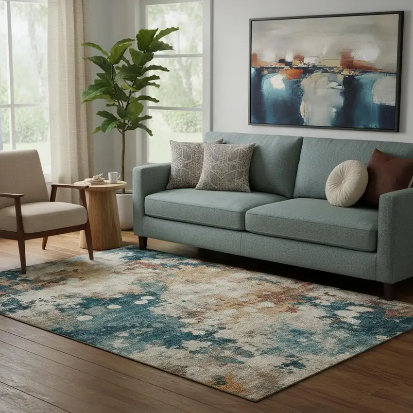 Beige Copper And Blue Abstract Washable Area Rug With UV Protection Photo 1