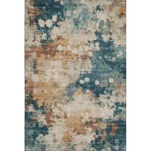 Photo of Beige Copper And Blue Abstract Washable Area Rug With UV Protection