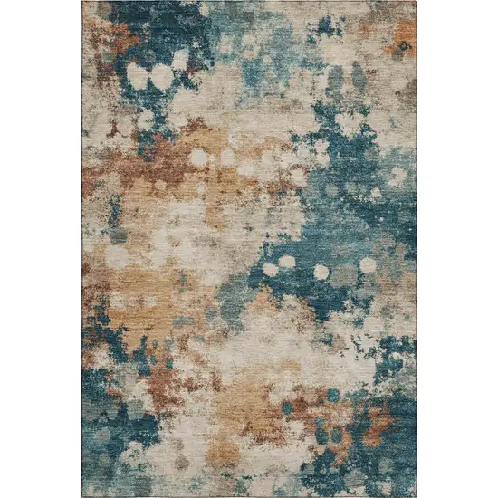 Beige Copper And Blue Abstract Washable Area Rug With UV Protection Photo 1