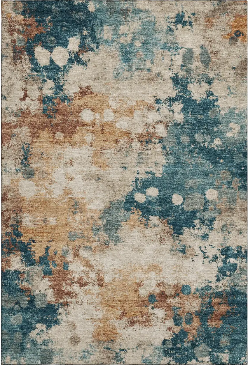 Beige Copper And Blue Abstract Washable Area Rug With UV Protection Photo 1
