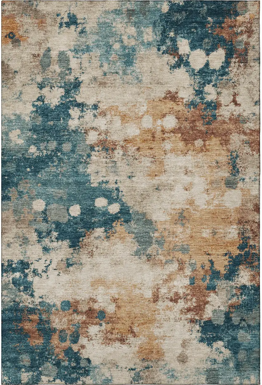 Beige Copper And Blue Abstract Washable Area Rug With UV Protection Photo 3