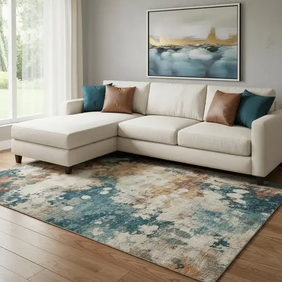 Beige Copper And Blue Abstract Washable Area Rug With UV Protection Photo 2