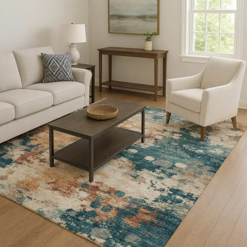 Beige Copper And Blue Abstract Washable Area Rug With UV Protection Photo 6