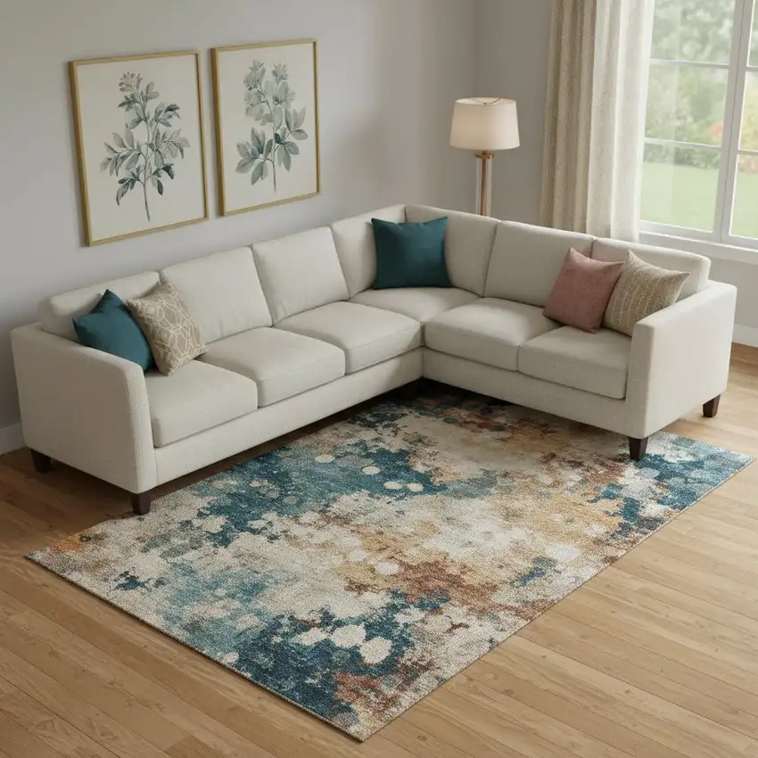 Beige Copper And Blue Abstract Washable Area Rug With UV Protection Photo 1