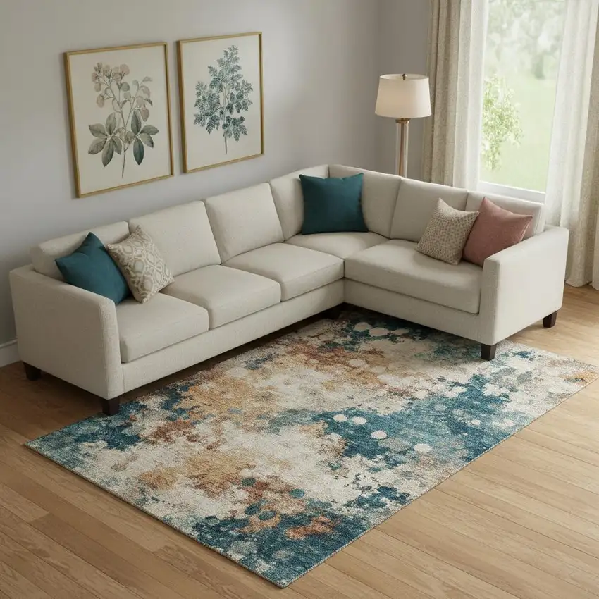 Beige Copper And Blue Abstract Washable Area Rug With UV Protection Photo 2