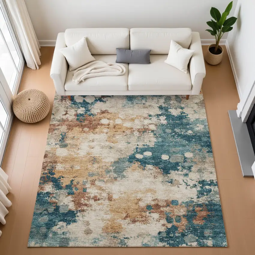 Beige Copper And Blue Abstract Washable Area Rug With UV Protection Photo 5