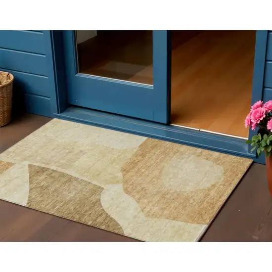 Beige Copper And Brown Abstract Washable Indoor Outdoor Area Rug Photo 1