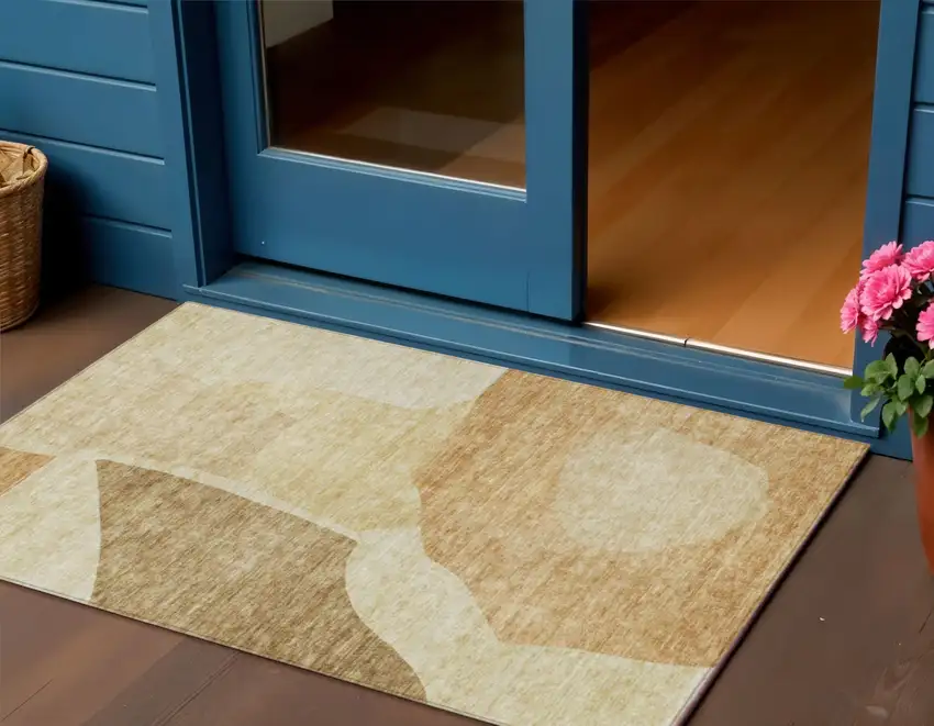 Beige Copper And Brown Abstract Washable Indoor Outdoor Area Rug Photo 1
