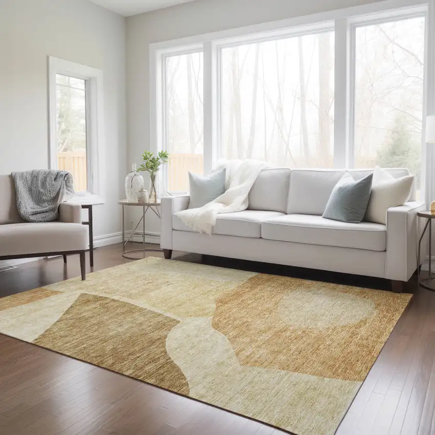 Beige Copper And Brown Abstract Washable Indoor Outdoor Area Rug Photo 9