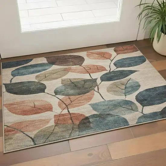 Beige Copper And Denim Blue Floral Washable Area Rug With UV Protection Photo 2