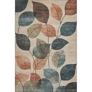 Photo of Beige Copper And Denim Blue Floral Washable Area Rug With UV Protection