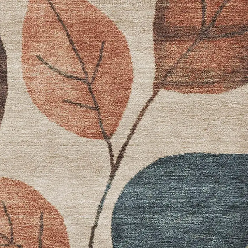 Beige Copper And Denim Blue Floral Washable Area Rug With UV Protection Photo 3