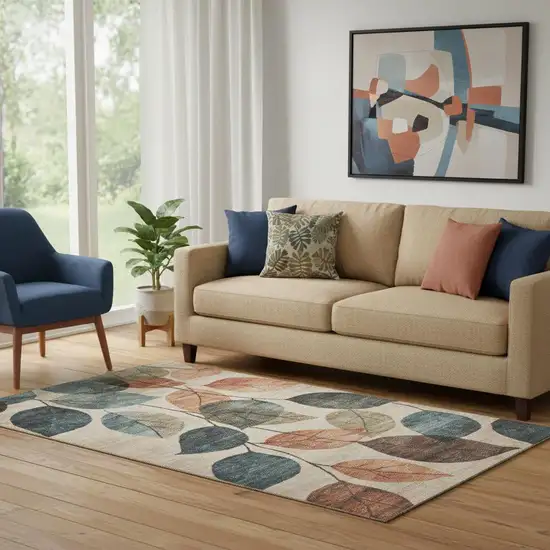 Beige Copper And Denim Blue Floral Washable Area Rug With UV Protection Photo 2