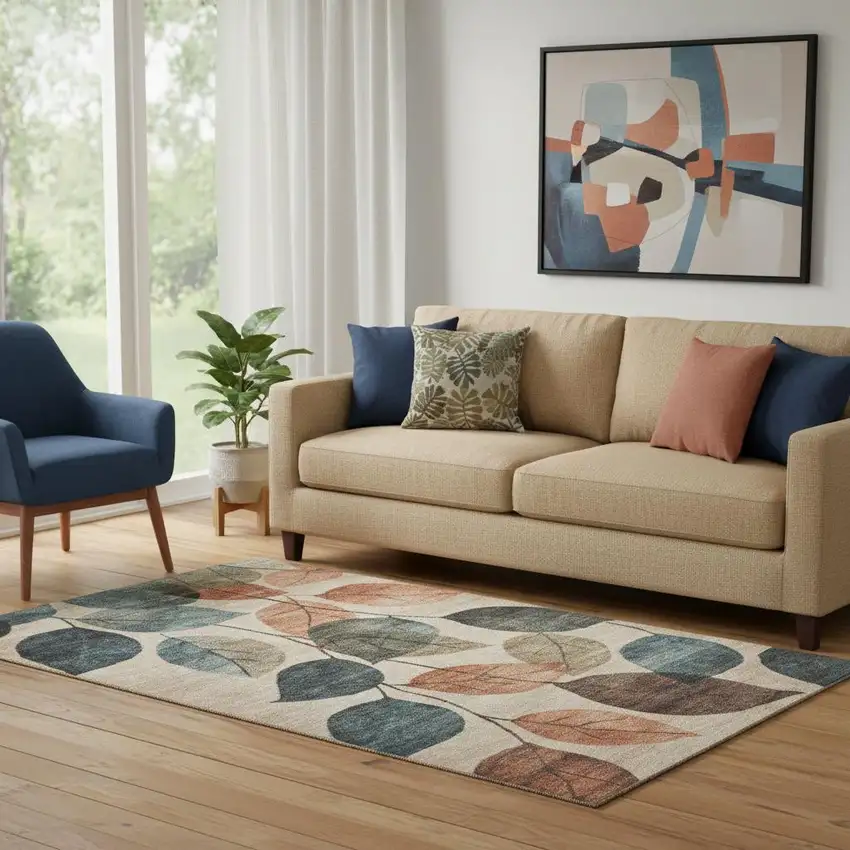 Beige Copper And Denim Blue Floral Washable Area Rug With UV Protection Photo 2