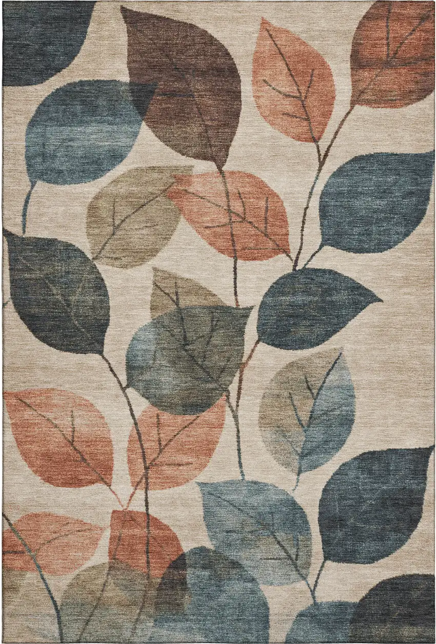 Beige Copper And Denim Blue Floral Washable Area Rug With UV Protection Photo 1