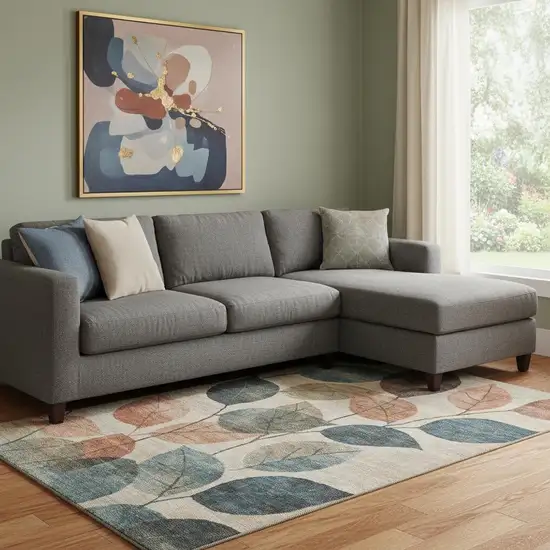 Beige Copper And Denim Blue Floral Washable Area Rug With UV Protection Photo 2