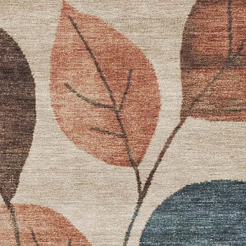 Beige Copper And Denim Blue Floral Washable Area Rug With UV Protection Photo 3