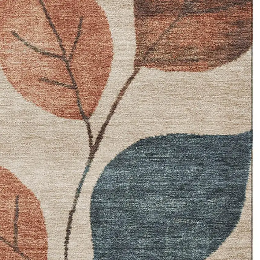 Beige Copper And Denim Blue Floral Washable Area Rug With UV Protection Photo 3