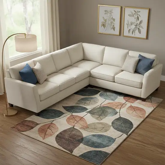 Beige Copper And Denim Blue Floral Washable Area Rug With UV Protection Photo 2