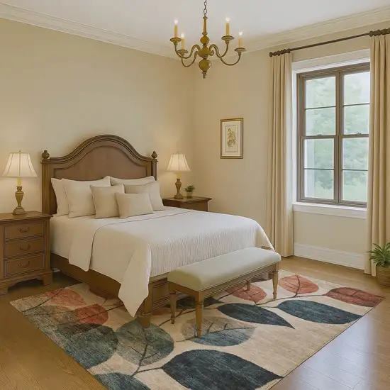 Beige Copper And Denim Blue Floral Washable Area Rug With UV Protection Photo 6