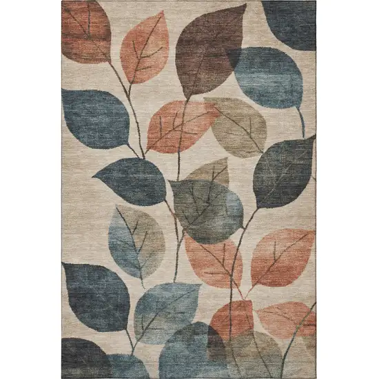 Beige Copper And Denim Blue Floral Washable Area Rug With UV Protection Photo 4