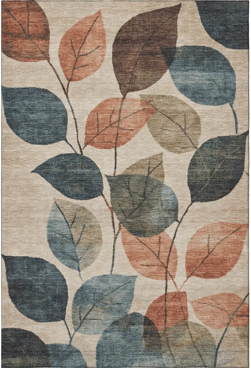 Beige Copper And Denim Blue Floral Washable Area Rug With UV Protection Photo 4