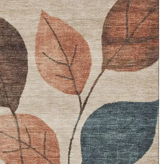 Beige Copper And Denim Blue Floral Washable Area Rug With UV Protection Photo 3