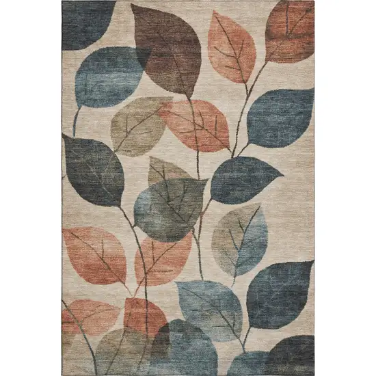Beige Copper And Denim Blue Floral Washable Area Rug With UV Protection Photo 1