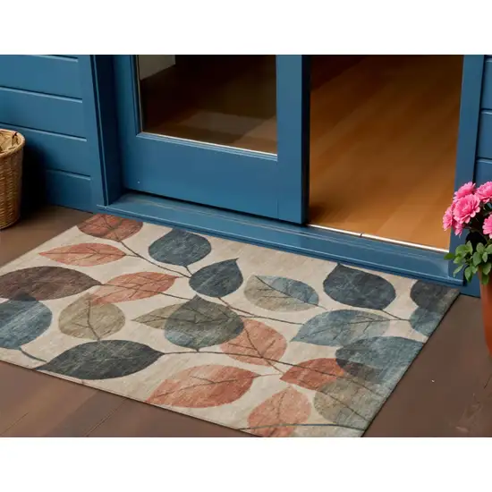 Beige Copper And Denim Blue Floral Washable Indoor Outdoor Area Rug Photo 2