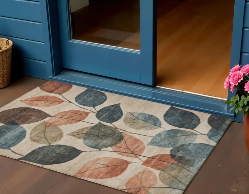 Beige Copper And Denim Blue Floral Washable Indoor Outdoor Area Rug Photo 2