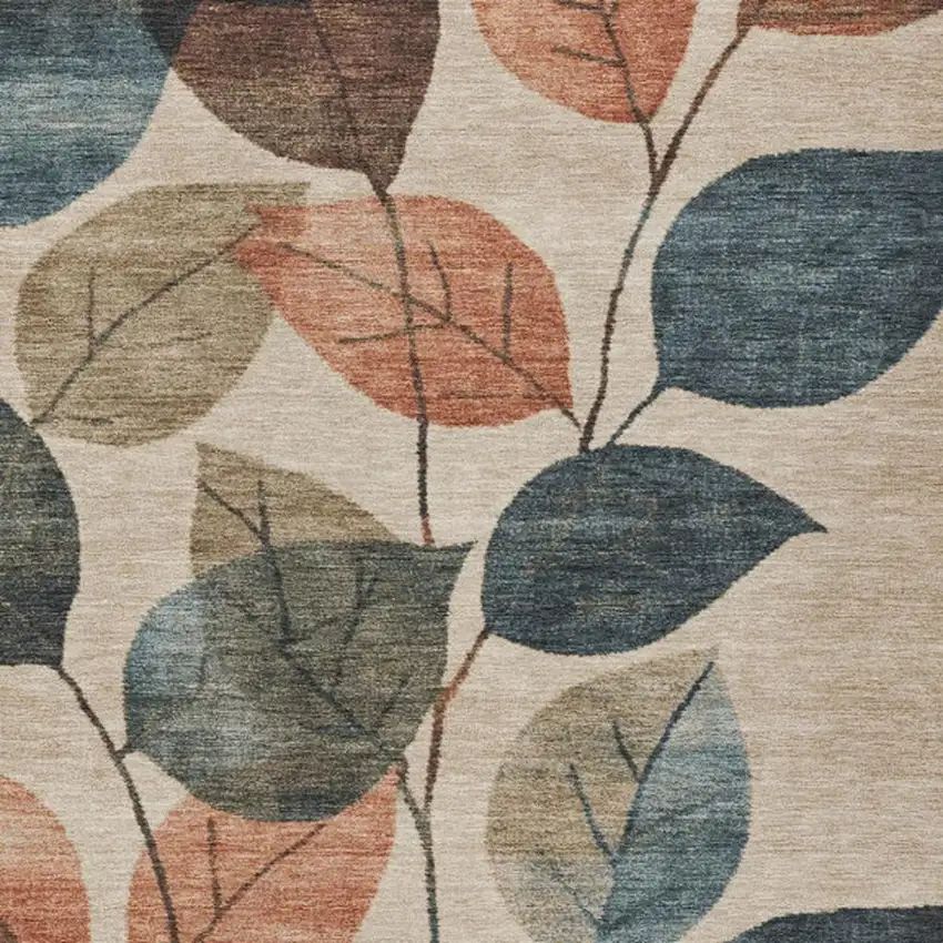 Beige Copper And Denim Blue Floral Washable Indoor Outdoor Area Rug Photo 4