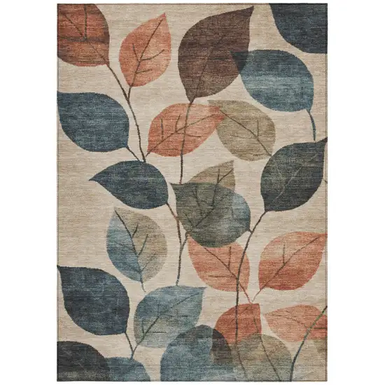 Beige Copper And Denim Blue Floral Washable Indoor Outdoor Area Rug Photo 4