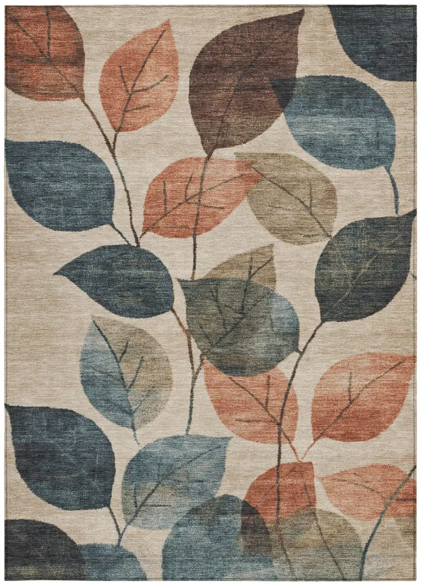 Beige Copper And Denim Blue Floral Washable Indoor Outdoor Area Rug Photo 4