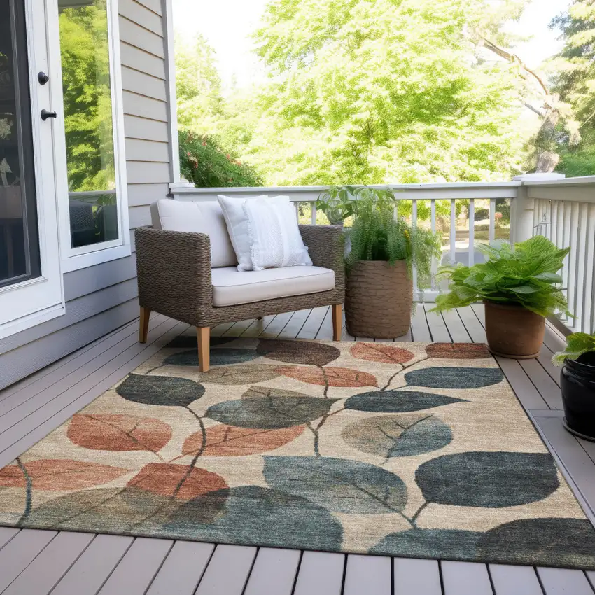 Beige Copper And Denim Blue Floral Washable Indoor Outdoor Area Rug Photo 9