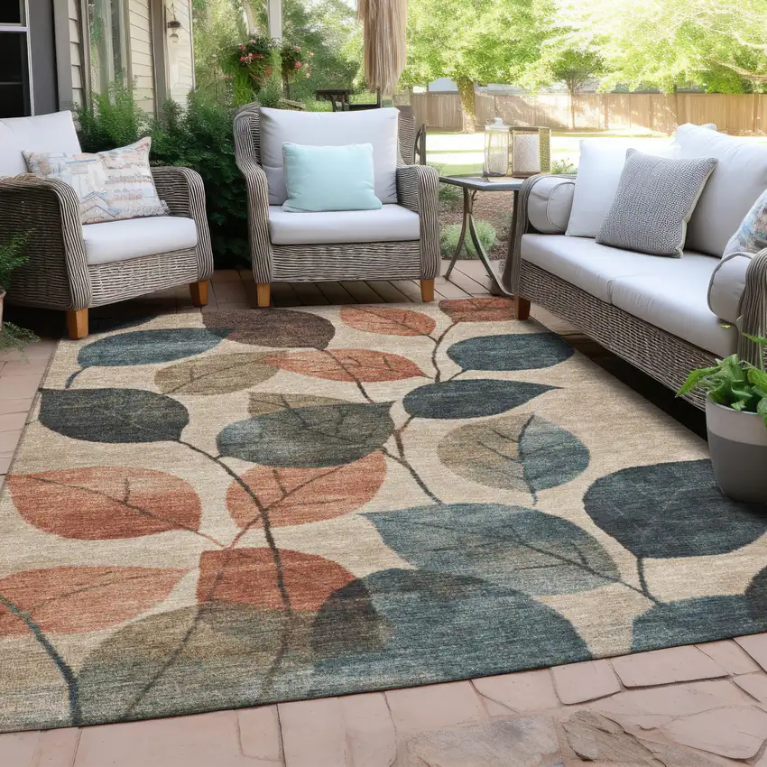 Beige Copper And Denim Blue Floral Washable Indoor Outdoor Area Rug Photo 6