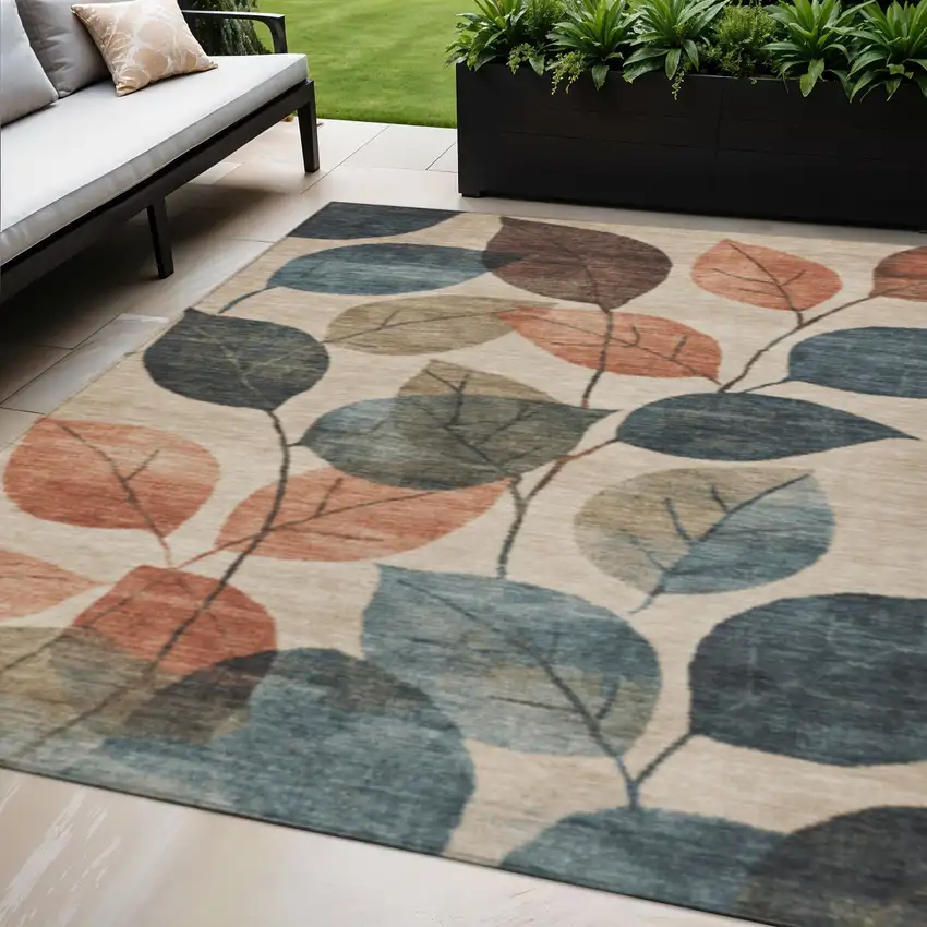 Beige Copper And Denim Blue Floral Washable Indoor Outdoor Area Rug Photo 2