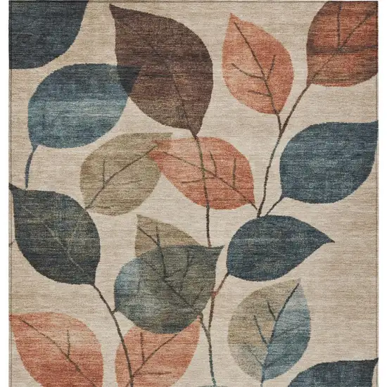 Beige Copper And Denim Blue Floral Washable Indoor Outdoor Area Rug Photo 4