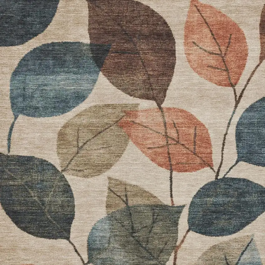 Beige Copper And Denim Blue Floral Washable Indoor Outdoor Area Rug Photo 3