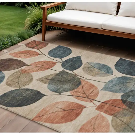 Beige Copper And Denim Blue Floral Washable Indoor Outdoor Area Rug Photo 2