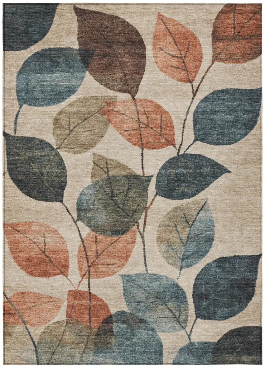 Beige Copper And Denim Blue Floral Washable Indoor Outdoor Area Rug Photo 1
